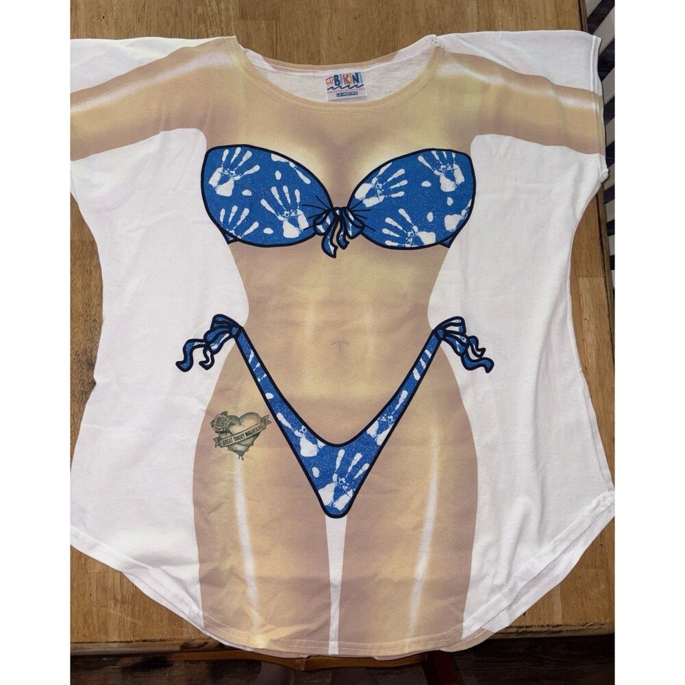 VTG My Bikini Shirt Womens O/S White Beach Cover Up  90s NWOT Smokey Mountains